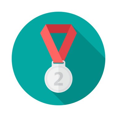 Uzun gölgeli gümüş madalya ikonu. Düz tasarım tarzı. Gümüş madalya, basit siluet. Modern, minimalist, renkli yuvarlak bir simge. Web sitesi sayfası ve mobil uygulama tasarım vektör ögesi.