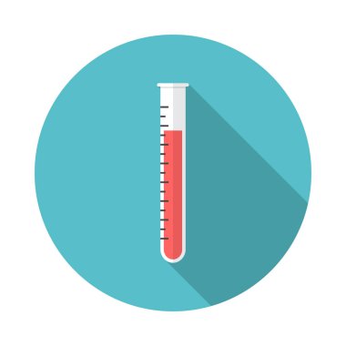 Uzun gölgeli test tüpü dairesi simgesi. Düz tasarım tarzı. Kan testi tüpü basit bir siluet. Modern, minimalist, renkli yuvarlak bir simge. Web sitesi sayfası ve mobil uygulama tasarım vektör ögesi.