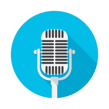 Uzun gölgeli eski bir mikrofon dairesi simgesi. Düz tasarım tarzı. Basit bir mikrofon silueti. Modern, minimalist, renkli yuvarlak bir simge. Web sitesi sayfası ve mobil uygulama tasarım vektör ögesi.