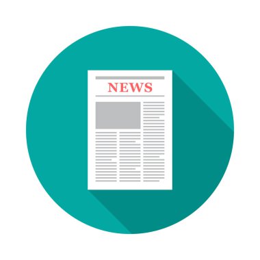 Uzun gölgeli gazete dairesi ikonu. Düz tasarım tarzı. Gazete, basit siluet. Modern, minimalist, renkli yuvarlak bir simge. Web sitesi sayfası ve mobil uygulama tasarım vektör ögesi.