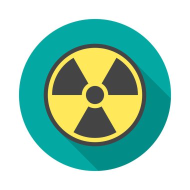 Uzun gölgeli radyasyon sembol çemberi simgesi. Düz tasarım tarzı. Radyasyon sembolü basit siluet. Modern, minimalist, renkli yuvarlak bir simge. Web sitesi sayfası ve mobil uygulama tasarım vektör ögesi