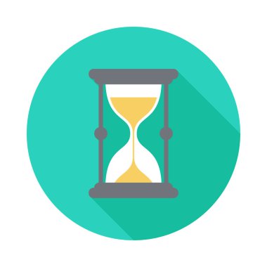 Uzun gölgeli kum saati ikonu. Düz tasarım tarzı. Kum saati basit siluet. Modern, minimalist, renkli yuvarlak bir simge. Web sitesi sayfası ve mobil uygulama tasarım vektör ögesi.