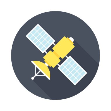 Uzun gölgeli uydu dairesi simgesi. Düz tasarım tarzı. Basit bir uydu silueti. Modern, minimalist, renkli yuvarlak bir simge. Web sitesi sayfası ve mobil uygulama tasarım vektör ögesi.