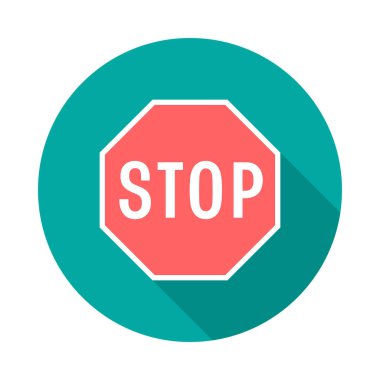 Uzun gölgeli işaret dairesi simgesini durdur. Düz tasarım tarzı. Dur levhası basit siluet. Modern, minimalist, renkli yuvarlak bir simge. Web sitesi sayfası ve mobil uygulama tasarım vektör ögesi.