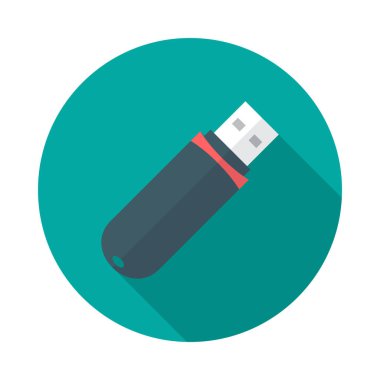 Uzun gölgeli USB flash disk dairesi simgesi. Düz tasarım tarzı. USB flash disk basit bir siluet. Modern, minimalist, renkli yuvarlak bir simge. Web sitesi sayfası ve mobil uygulama tasarım vektör ögesi