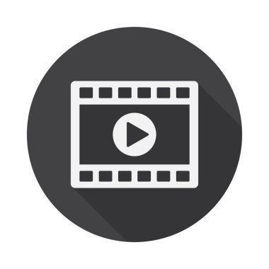 Uzun gölgeli video klip oynatıcı simgesi. Düz tasarım tarzı. Filmci, basit siluet. Modern, minimalist, renkli yuvarlak bir simge. Web sitesi sayfası ve mobil uygulama tasarım vektör ögesi.