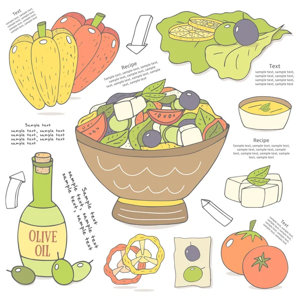 Coleta de ingredientes de salada. Fundo alimentar —  Vetores de Stock