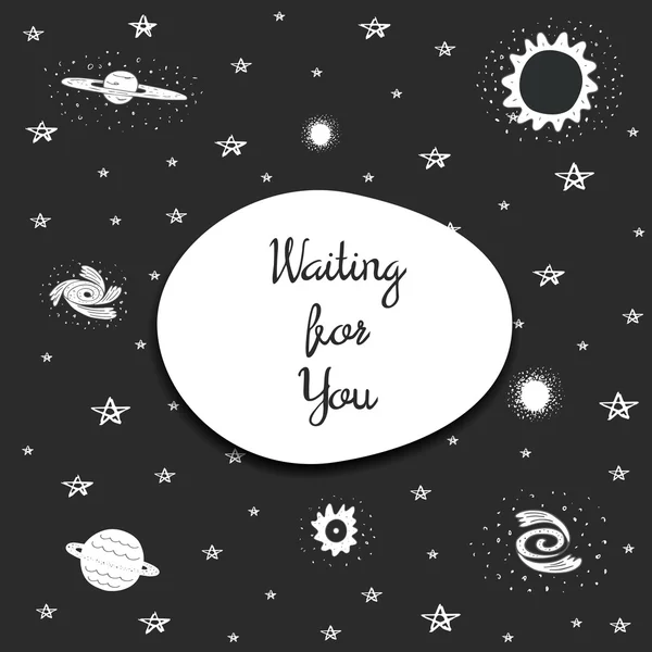 Waiting for you postcard with stars and cosmic objects — Stock Vector