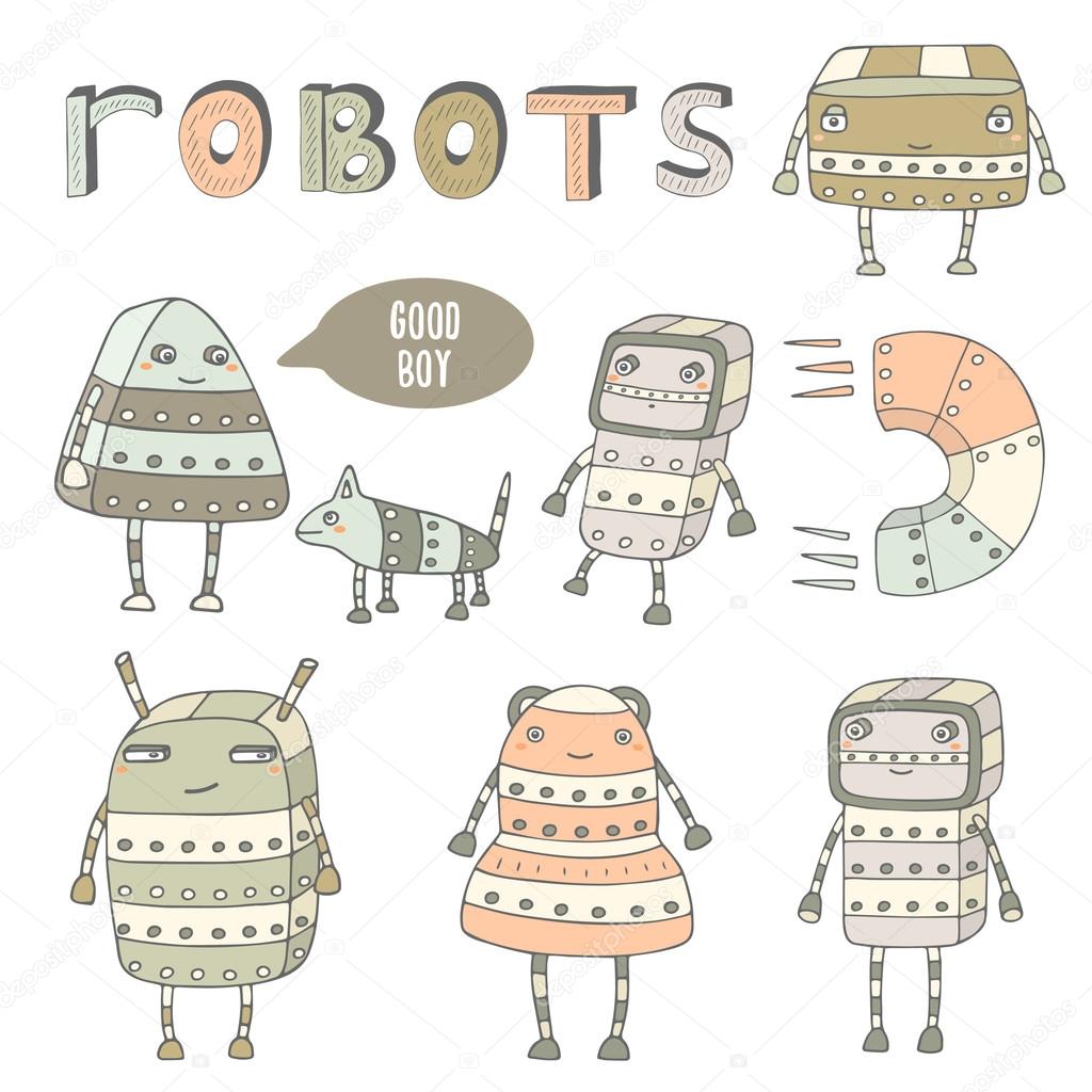 Cute hand drawn doodle steam punk robots collection. Robots characters icons set