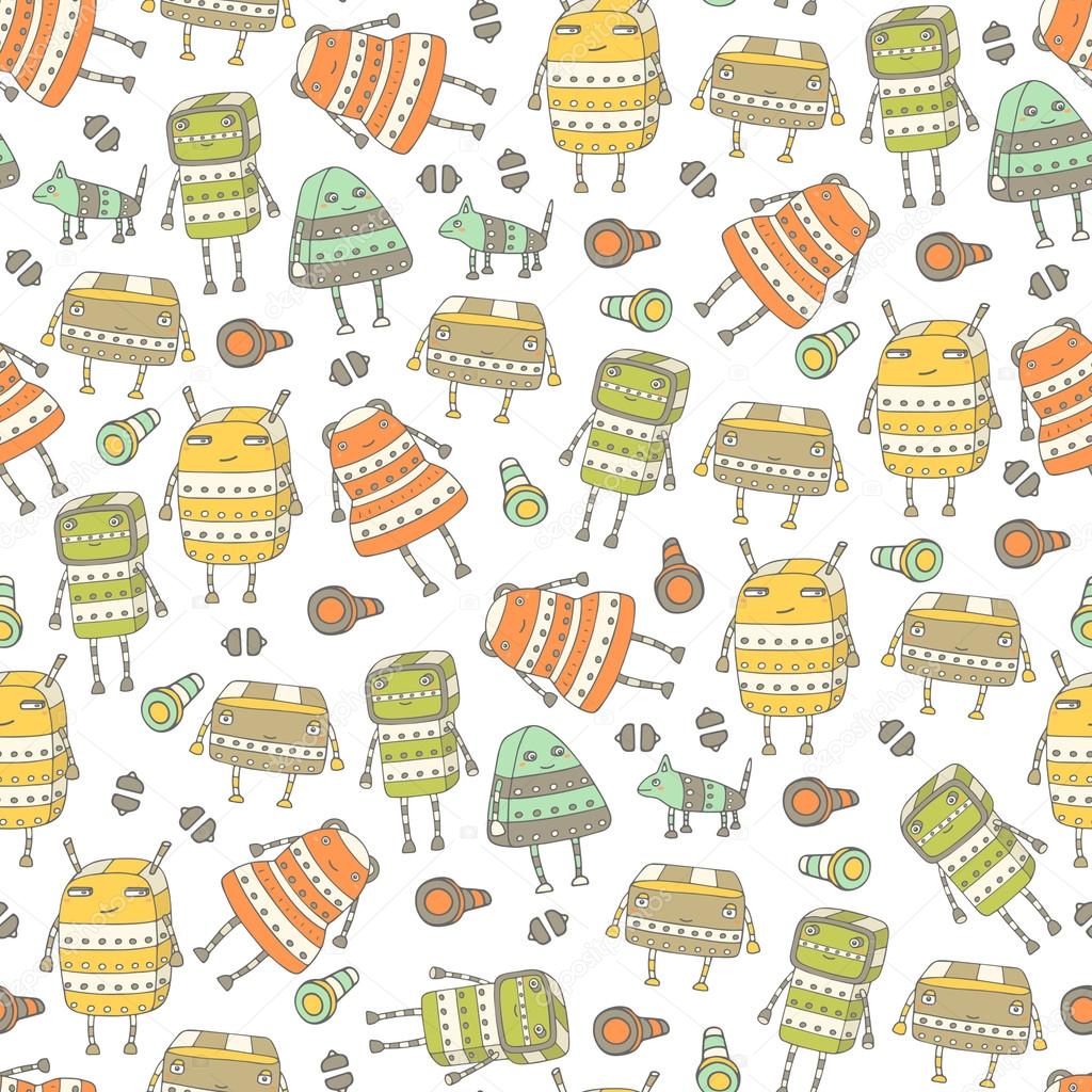 Cute hand drawn doodle seamless pattern with steampunk robots. Pattern for wrapping paper, cover, fabric