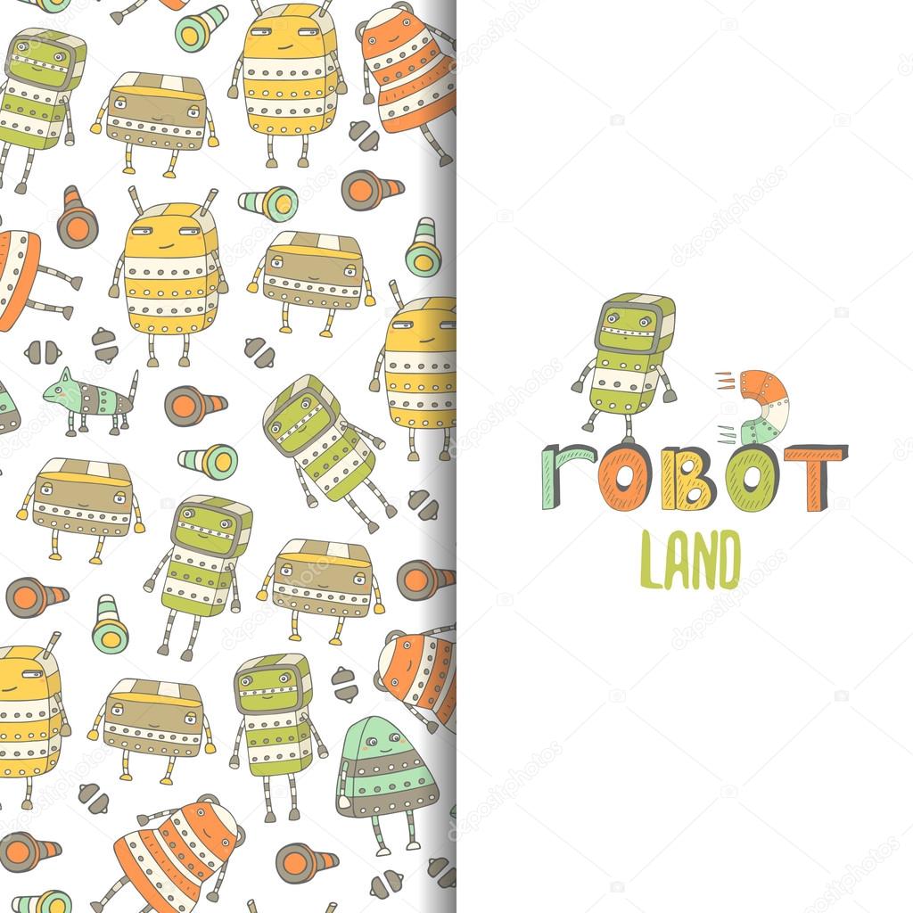 Cute hand drawn doodle postcard, card with steampunk robots. Robot land background