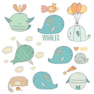 Şirin el çizilmiş doodle koleksiyonu balina