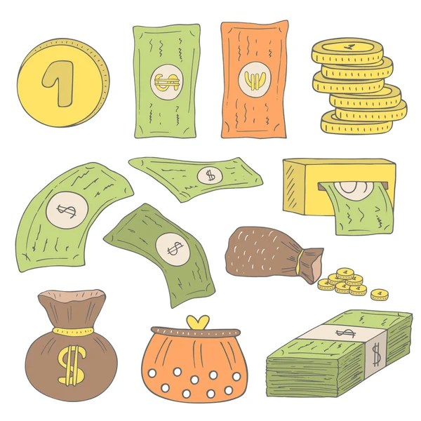 Roztomilý ručně kreslenou doodle peníze kolekce — Stockový vektor