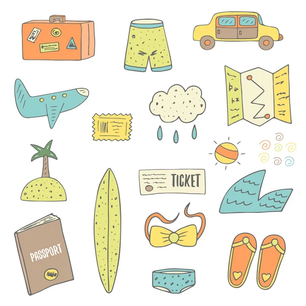 Cute hand drawn doodle travel objects — Stock Vector