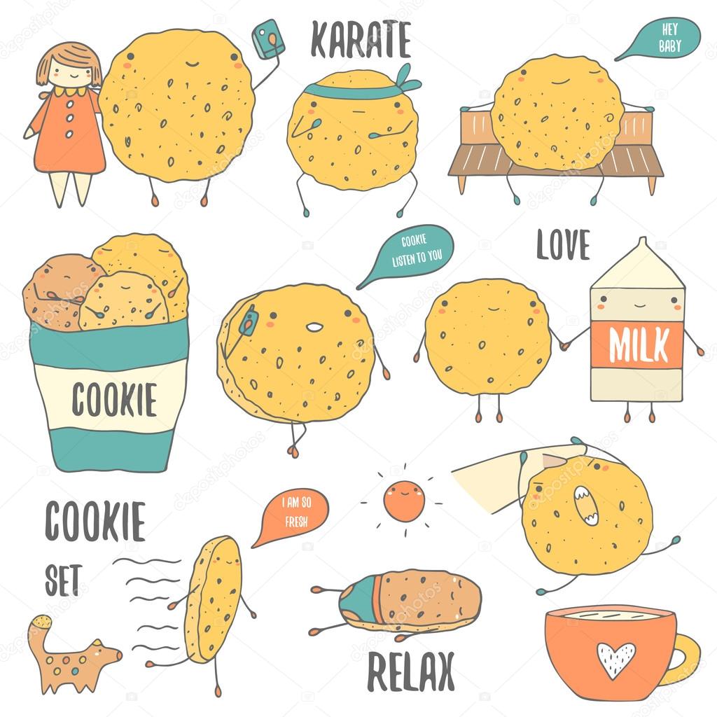 Cute hand drawn doodle cookies characters set including karate cookie, cookie with phone, cookie doing photo with girl, cookie with milk, cookie with dog, cookie with cup.