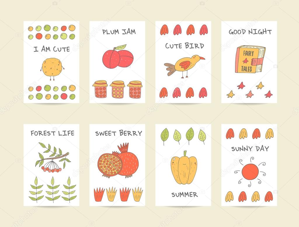 Cute hand drawn doodle baby shower cards, brochures, invitations with cookie, plum, bird, granade, pepper, jam, sun, pomegranate, viburnum, fairy tale book, stars. Cartoon objects, animals background