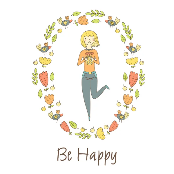 Niedliche Doodle Postkarte, Karte, Cover mit glücklichen blonden Mädchen — Stockvektor