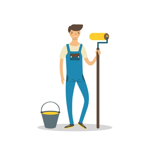 Cute flat style worker with paint roller — Stock Vector