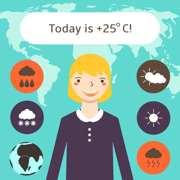 Niedlichen flachen Stil Wettervorhersage Hintergrund mit hübschen blonden Frau — Stockvektor