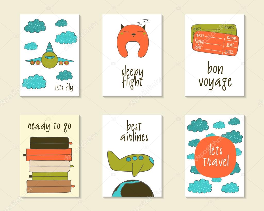 Cute doodle cards Cartoon objects for children Printable templates set