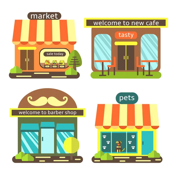 Lindo estilo plano calle tiendas conjunto — Vector de stock