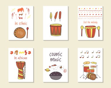 Cute doodle ethnic musical cards clipart