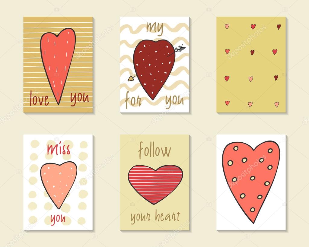 Cute doodle birthday, party, wedding, valentine cards, brochures, invitations with hearts collection. Cartoon objects background. Printable templates set