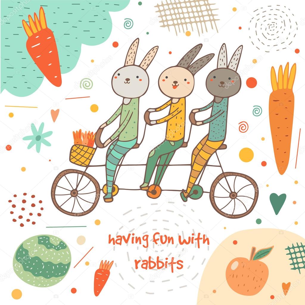 Cute hand drawn card, postcard with rabbits