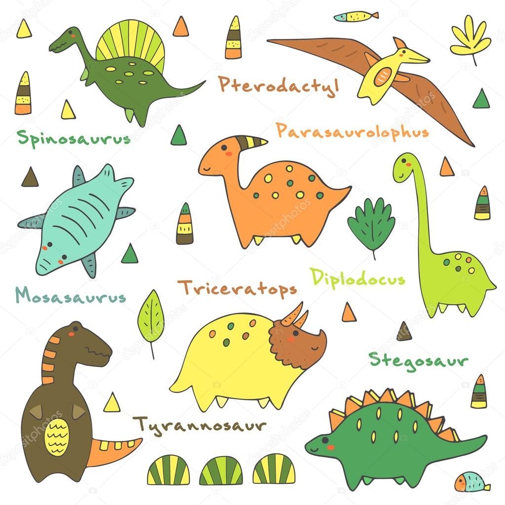 Cute hand drawn doodle dino collection including mosasaurus, spinosaurus, pterodactyl, parasaurolophus, tyrannosaur, stegosaur, triceratops, diplodocus. Dino icons collection with abstract elements