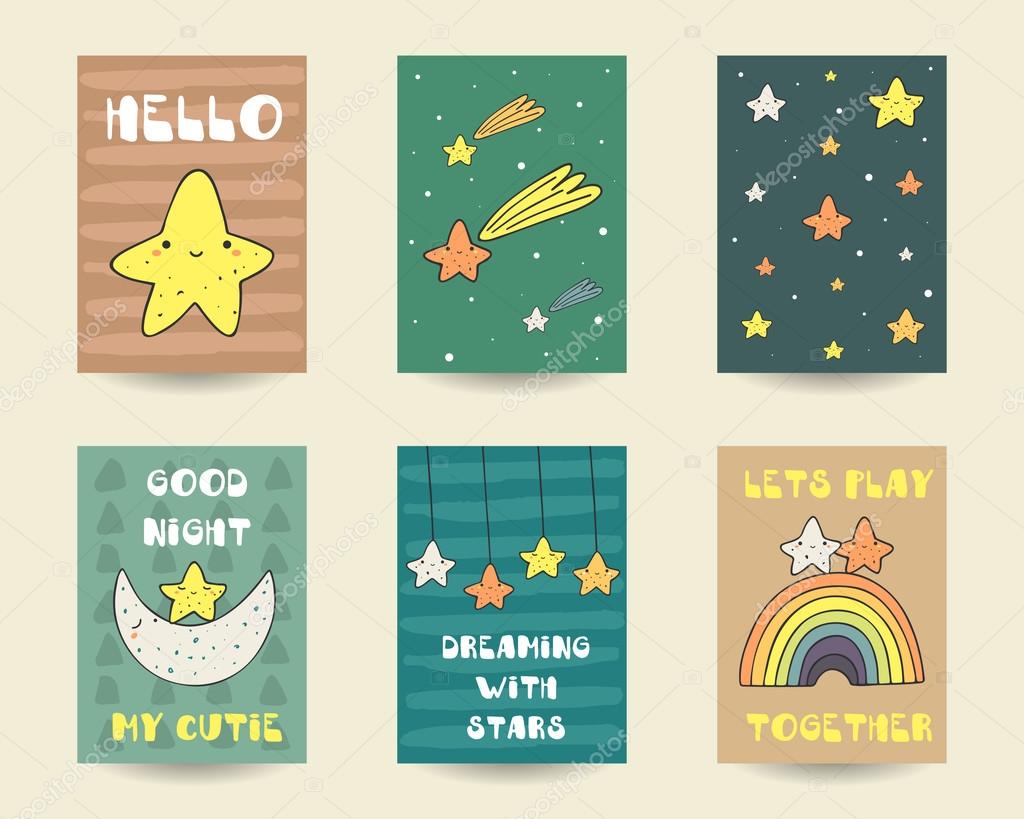 Cute hand drawn doodle baby shower cards, brochures, invitations with stars, falling star, moon, rainbow, starry sky. Cartoon characters background. Printable templates, tags set