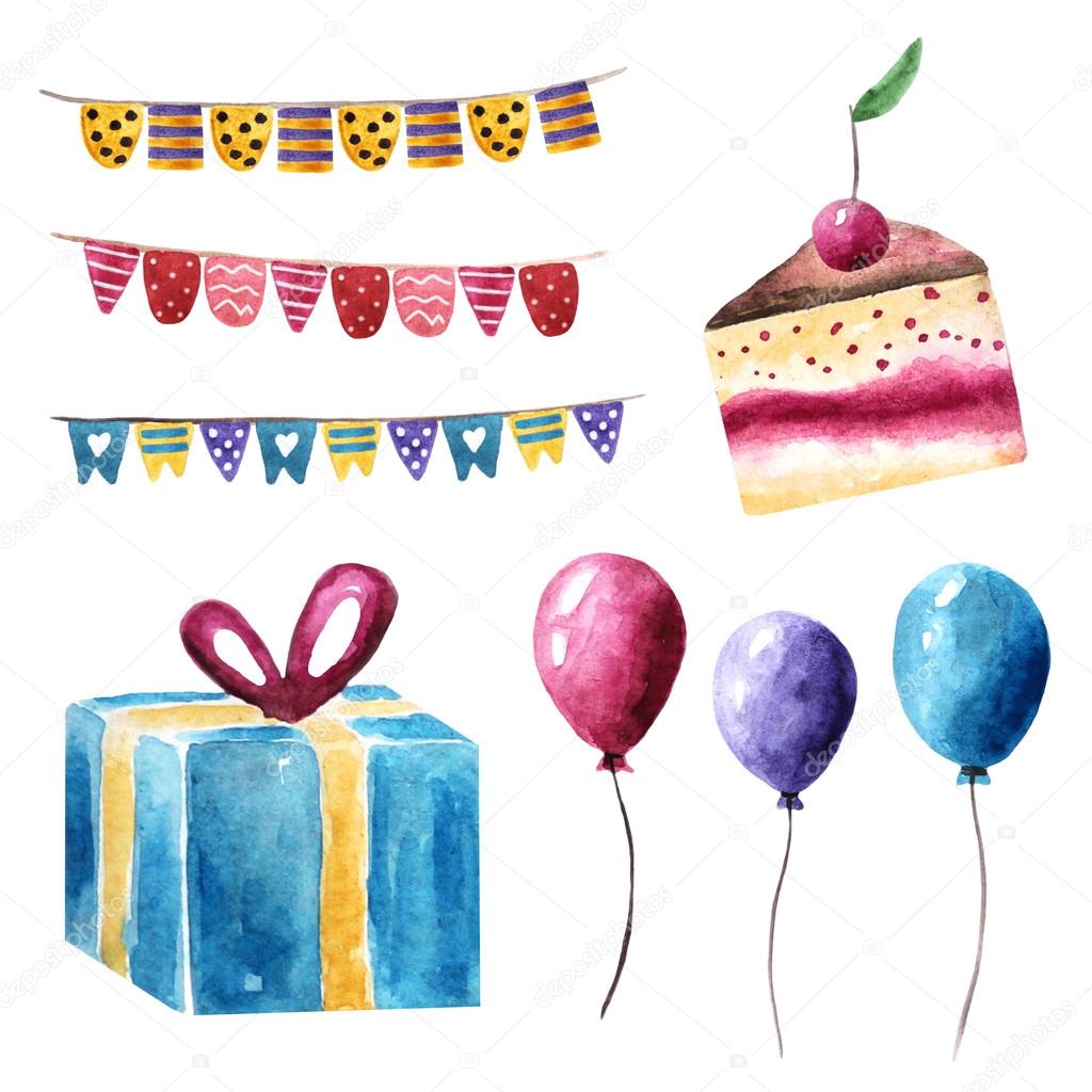 Watercolor birthday, holiday, party objects collection