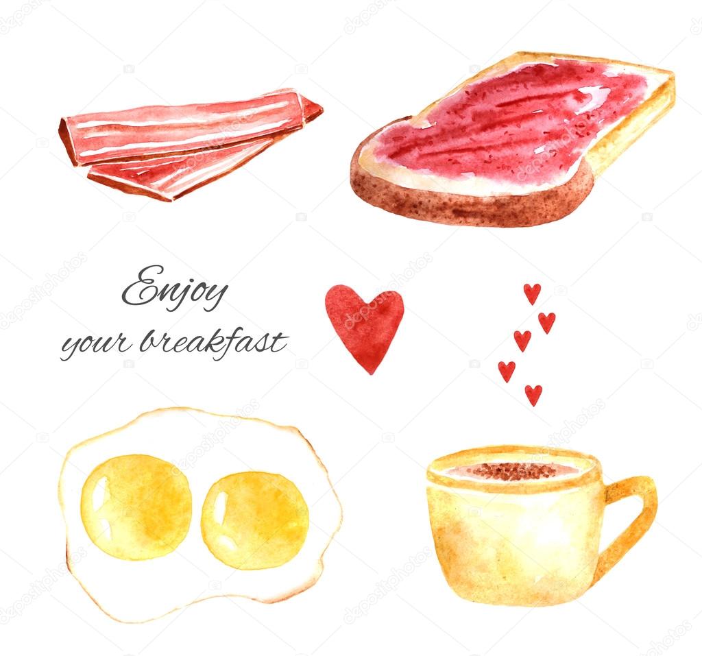 Watercolor tasty breakfast including fried eggs, cup of coffee, bacon, toast with jam and hearts