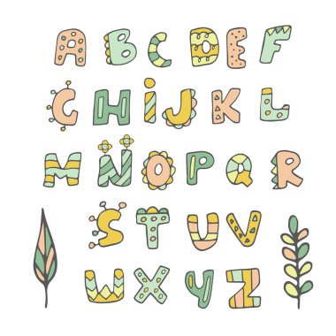 Çizgi film el çizilmiş doodle alfabesi.
