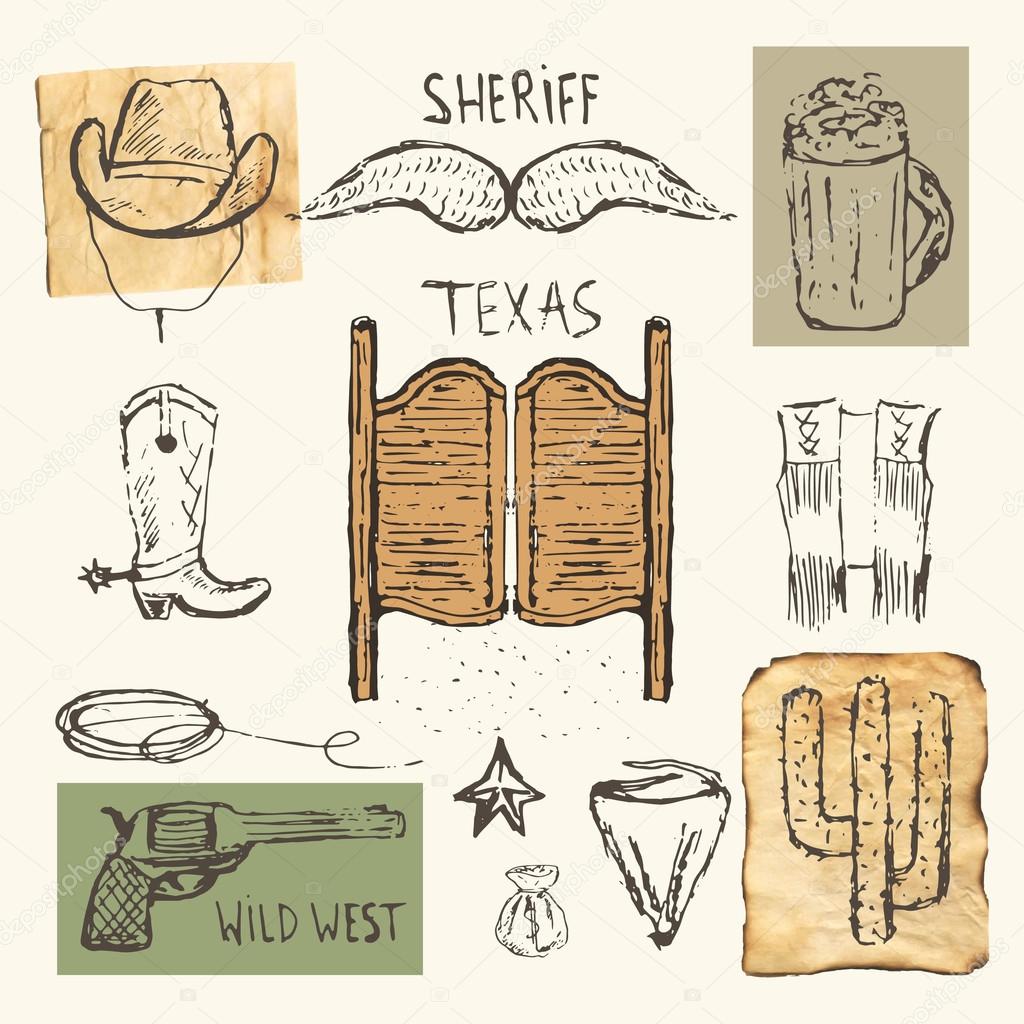 Hand drawn doodle cowboy objects collection vector icons