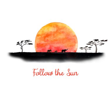 Watercolor african scene with sunset