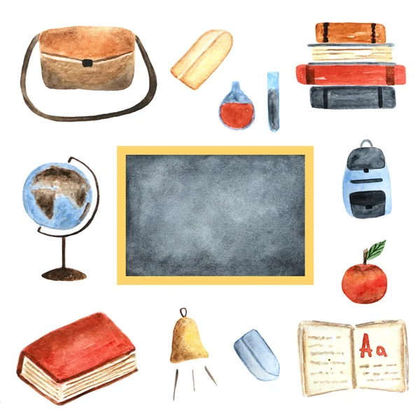 Aquarelle collection d'objets scolaires — Photo