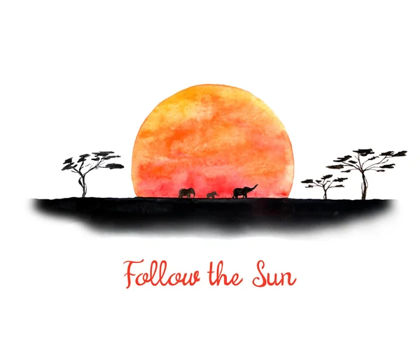 Watercolor african scene with sunset