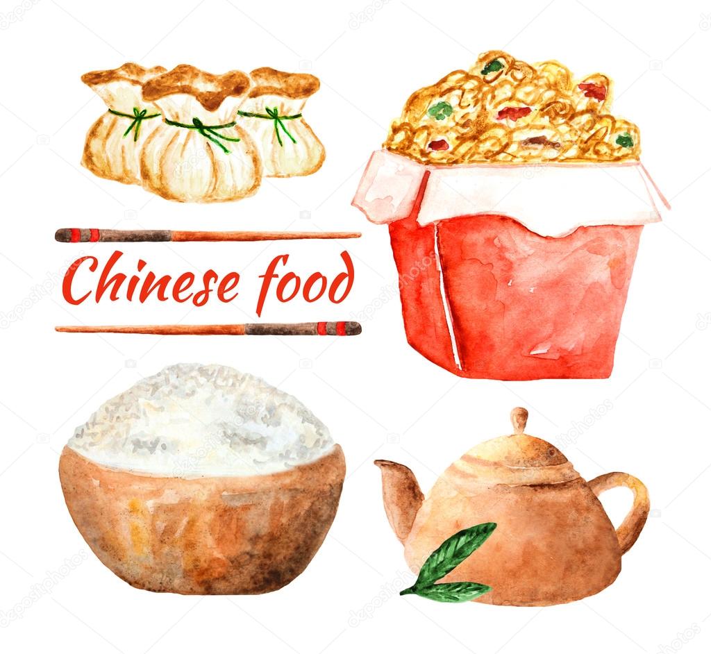 Watercolor chinese food collection including noodle in the box, bowl with rice, kettle with tea, dumplings and chopsticks