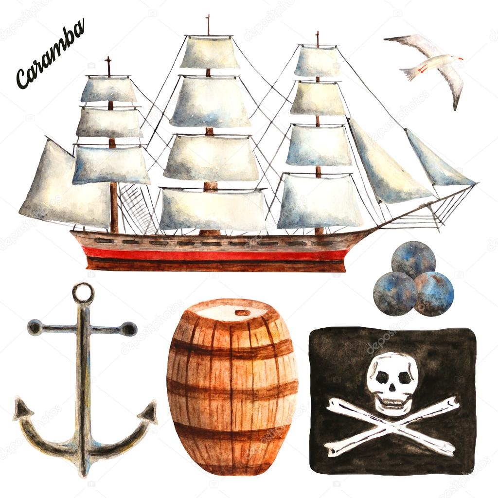 Watercolor pirate objects collection