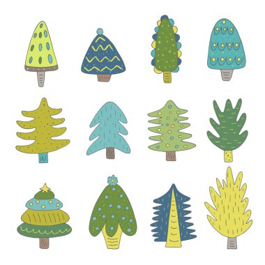 Şirin elle çizilmiş doodle Noel ağaçları toplama