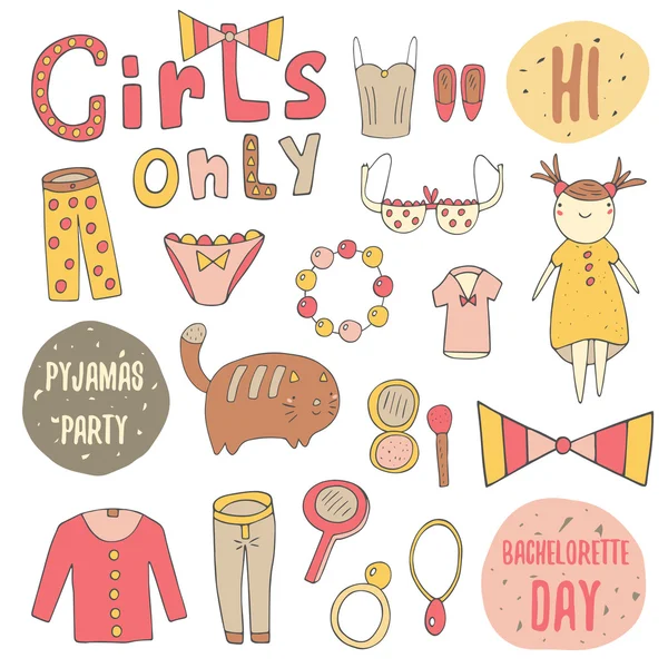 Mignon doodle fille objets collection — Image vectorielle