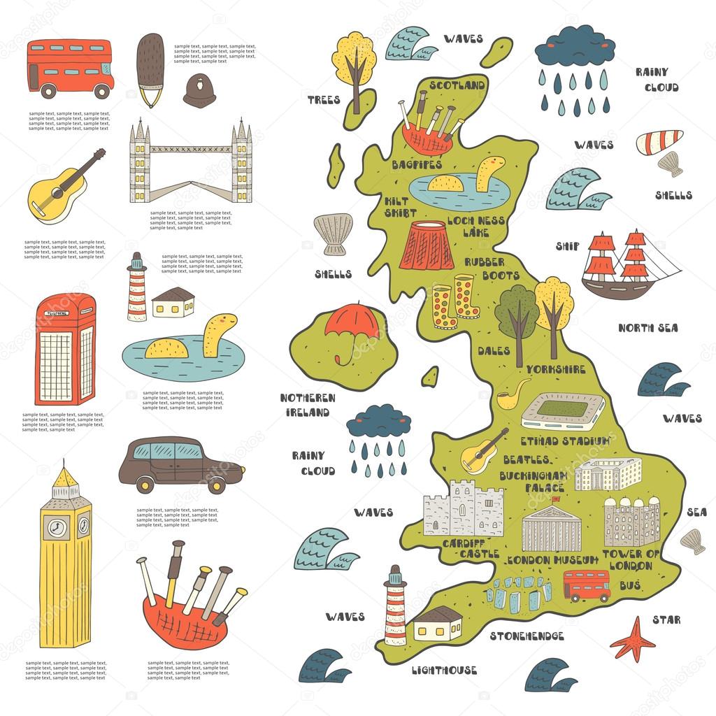 Cute hand drawn map on England