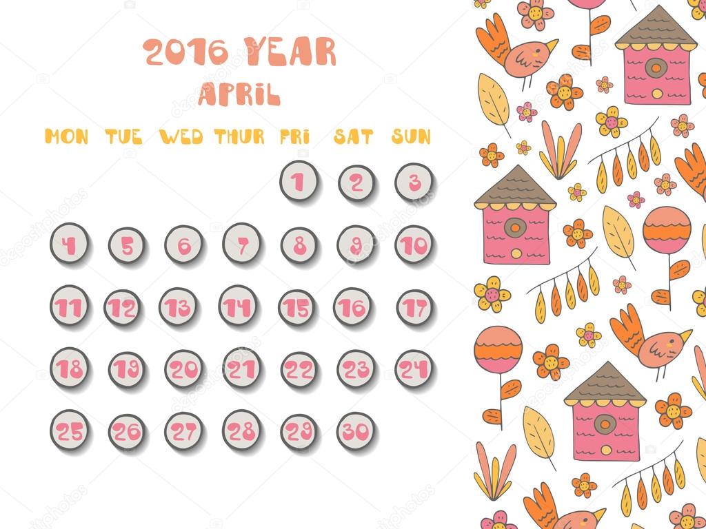 Cute hand drawn  2016 year calendar