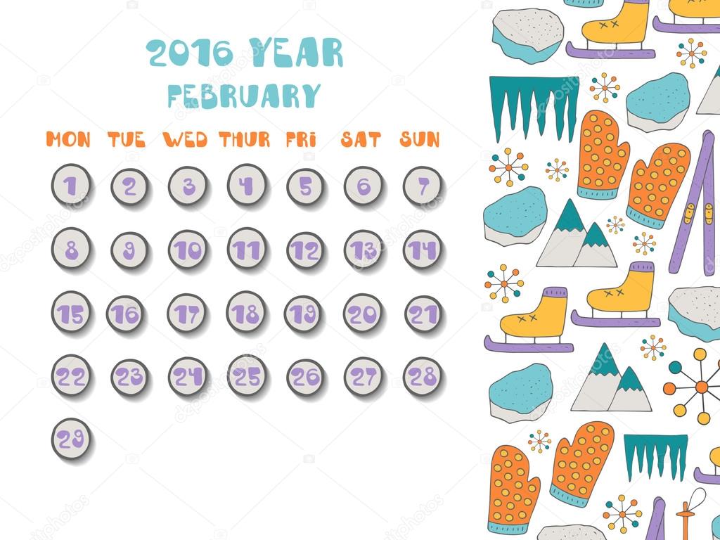 Cute hand drawn 2016 year calendar