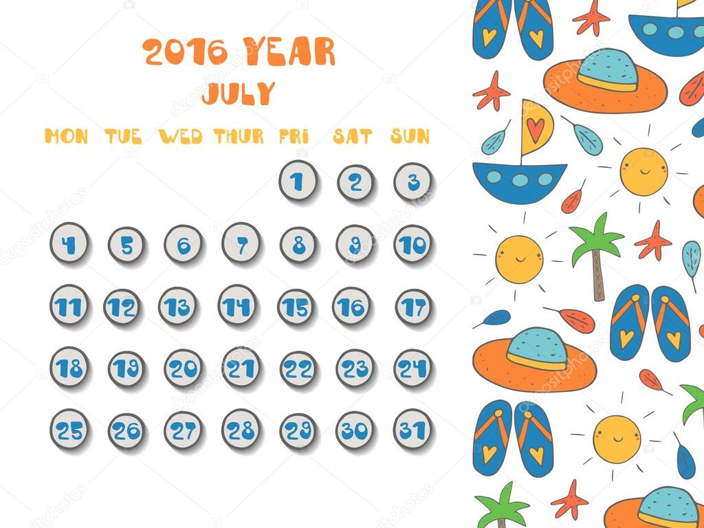 Cute hand drawn 2016 year calendar