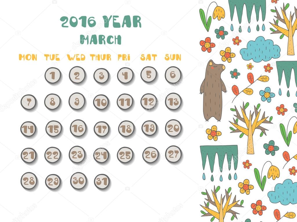 Cute hand drawn 2016 year calendar