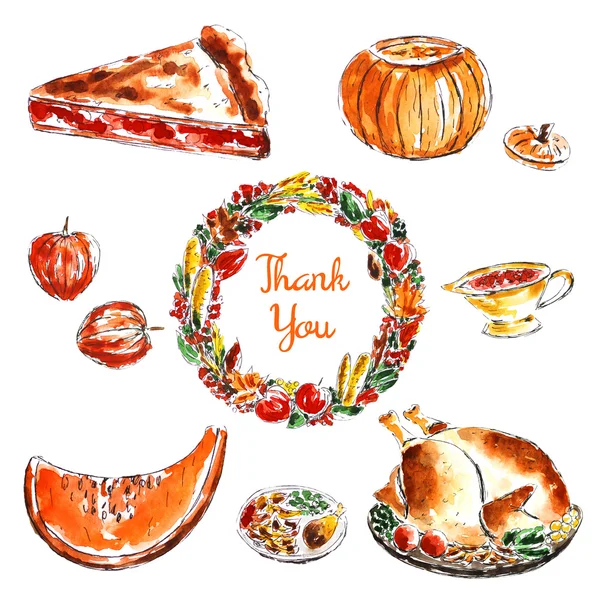 Watercolor sketch Thanksgiving day objects — Stock Image Watercolor sketch Thanksgiving day objects Stock Photo