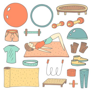 Cute hand drawn fitness objects set