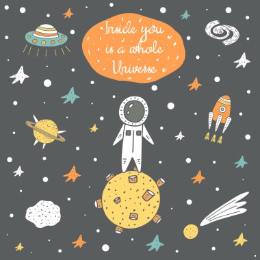 Şirin el çekilmiş kozmik doodle kartı