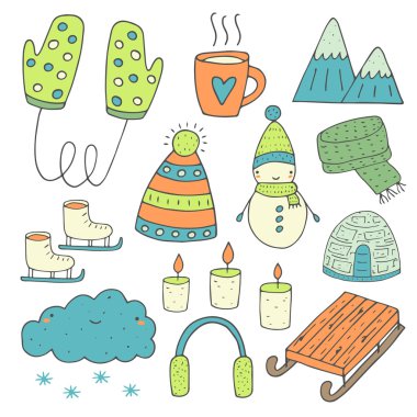 Hand drawn doodle winter objects
